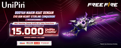 Beli Voucher UniPin di Toko Favoritmu dan Top Up FF, Dapatkan Cashback hingga 15.000 UC dan miliki Evo Gun M1014 Sterling Conquero!